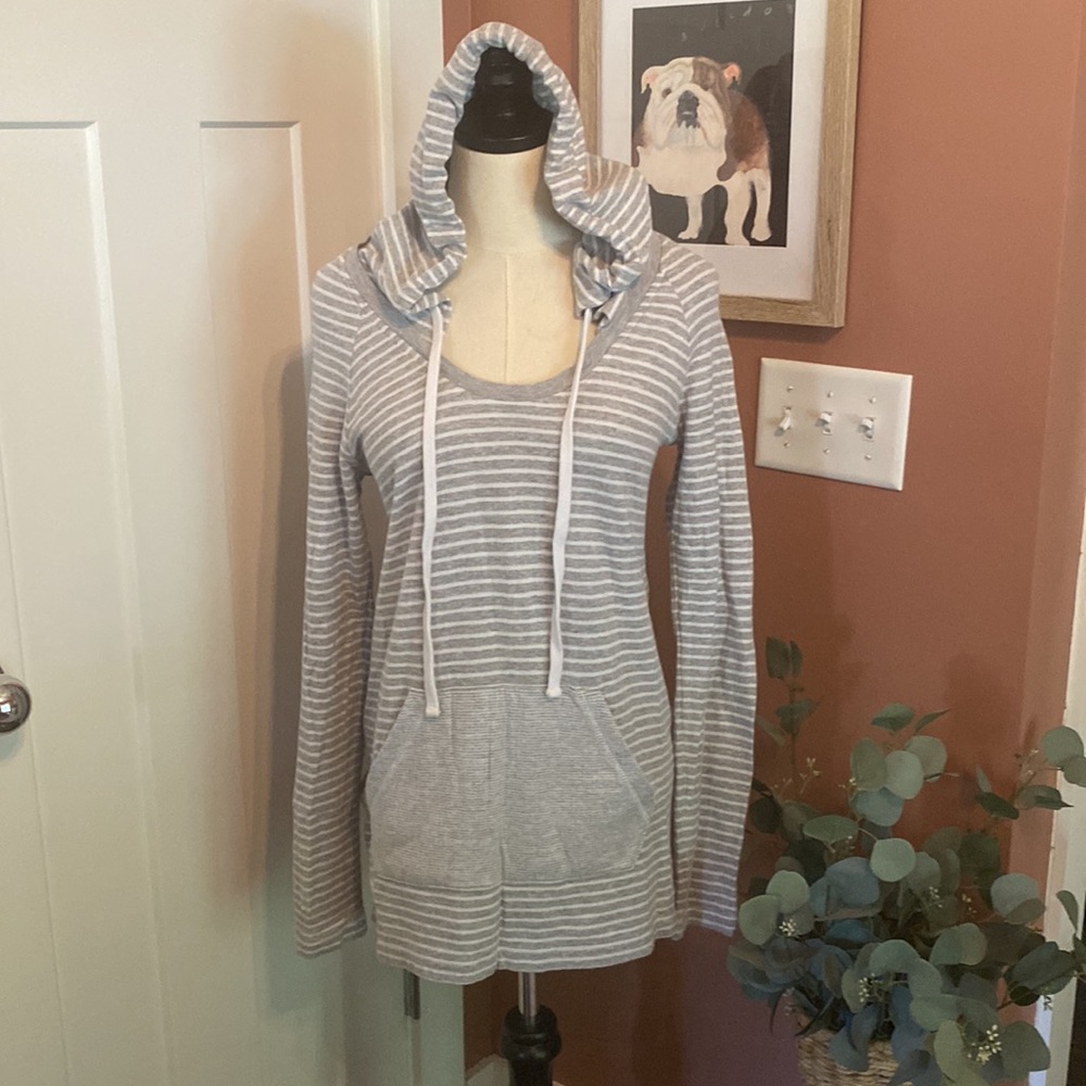 James Perse Standard striped gray white raglan sleeve hooded M cotton sweatshirt - Picture 1 of 15